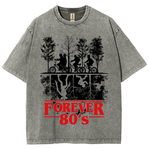 Retro "Forever 80's" Biker Silhouette Split-Realm Graphic Washed T-Shirt