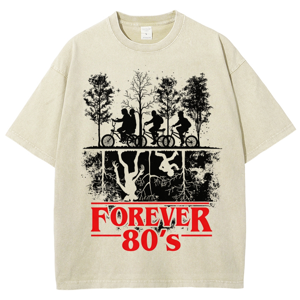 Retro "Forever 80's" Biker Silhouette Split-Realm Graphic Washed T-Shirt