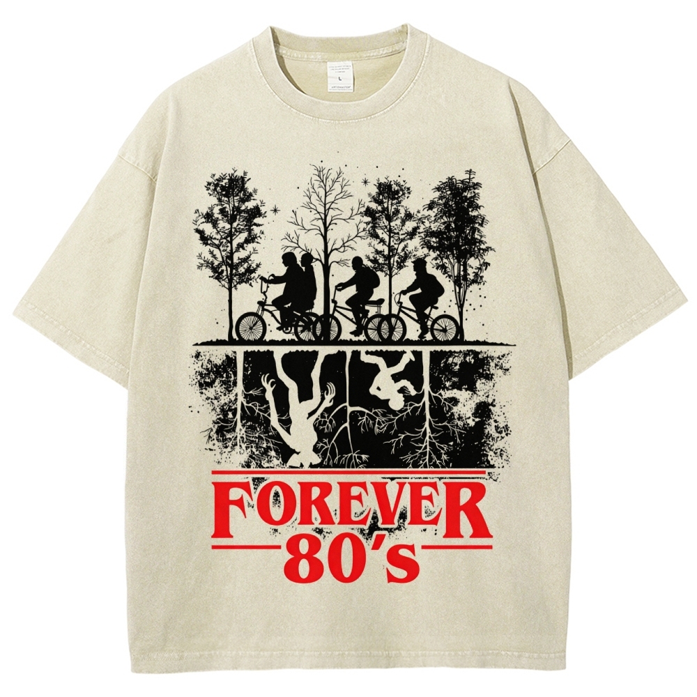 Retro "Forever 80's" Biker Silhouette Split-Realm Graphic Washed T-Shirt