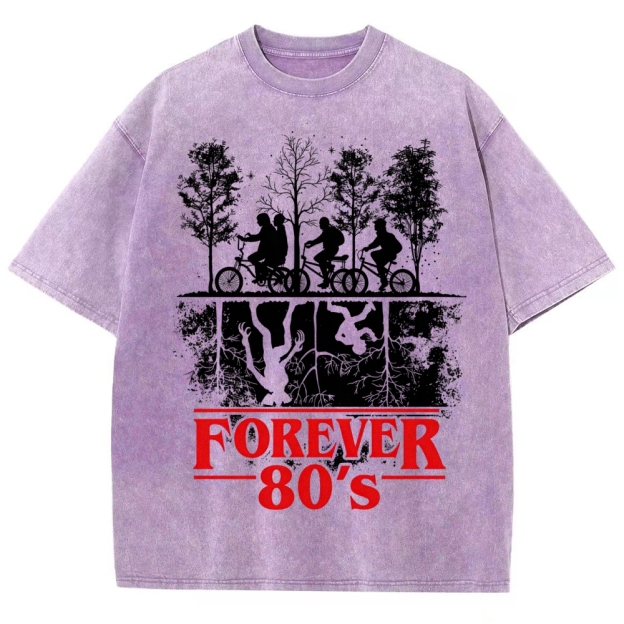 Retro "Forever 80's" Biker Silhouette Split-Realm Graphic Washed T-Shirt
