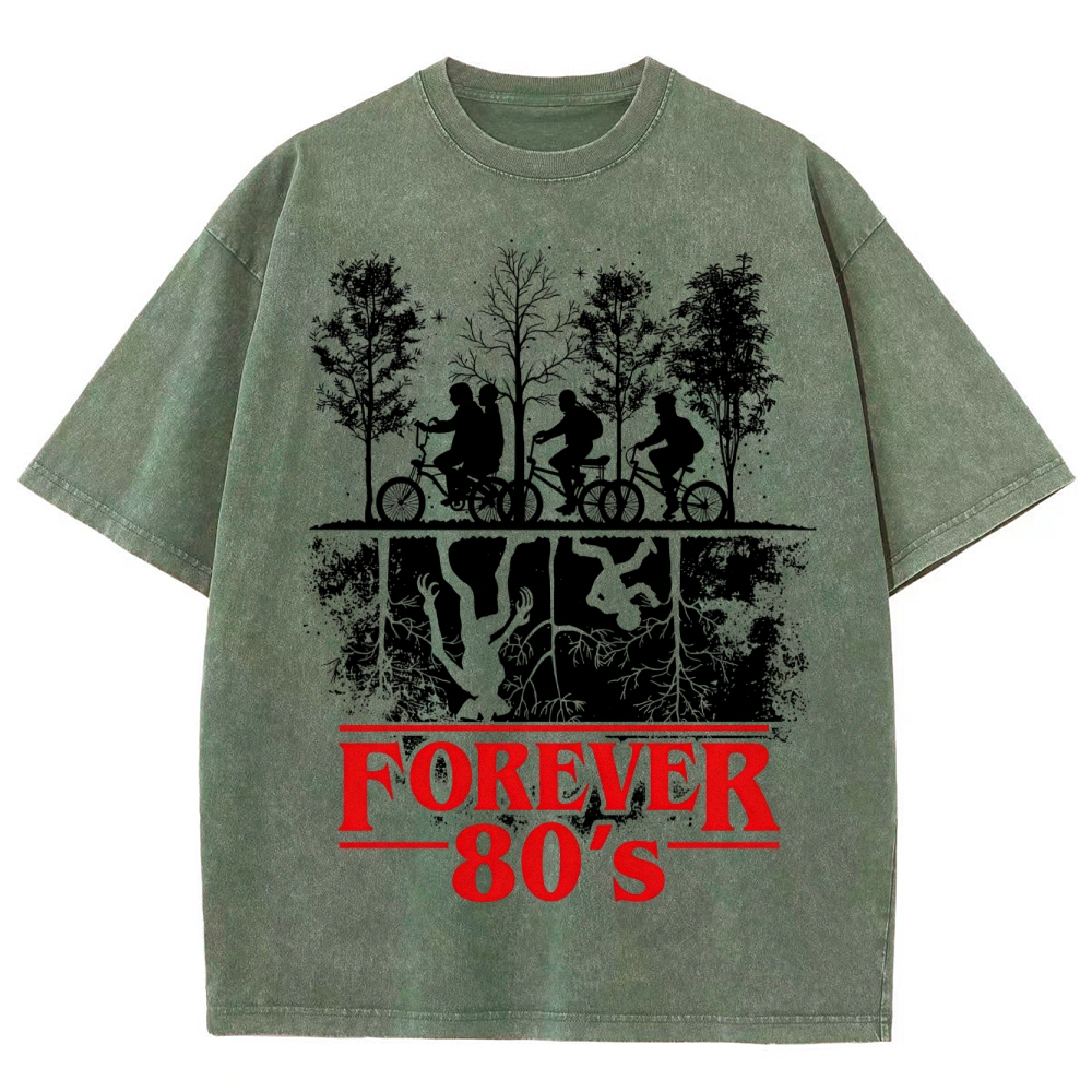 Retro "Forever 80's" Biker Silhouette Split-Realm Graphic Washed T-Shirt