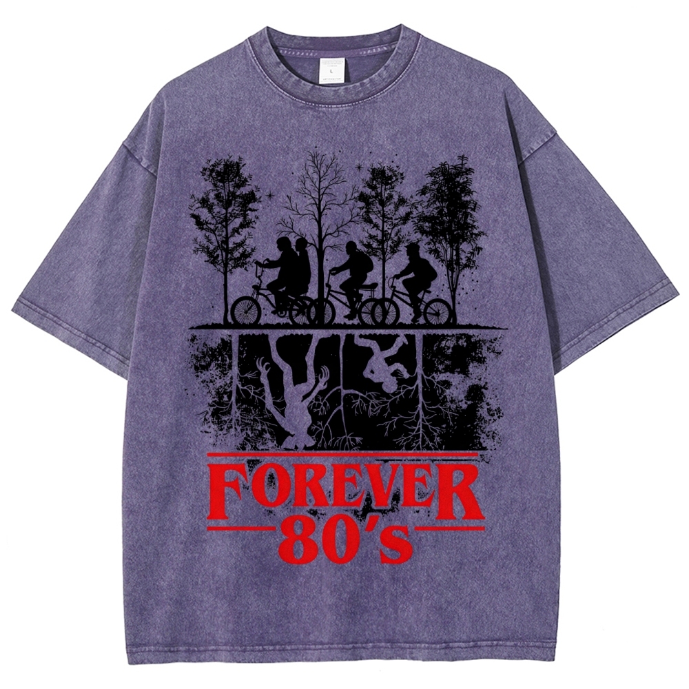 Retro "Forever 80's" Biker Silhouette Split-Realm Graphic Washed T-Shirt