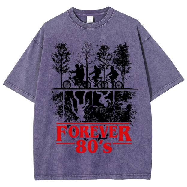 Retro "Forever 80's" Biker Silhouette Split-Realm Graphic Washed T-Shirt