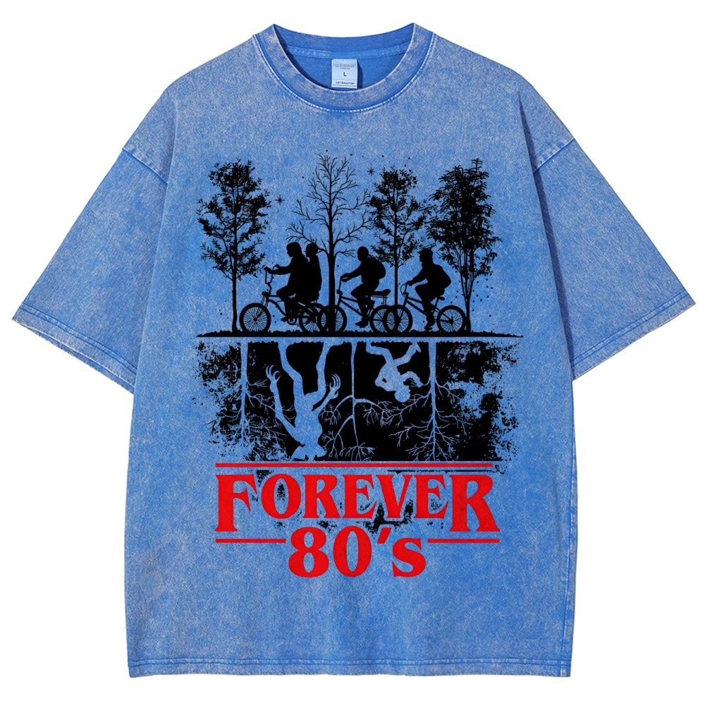 Retro "Forever 80's" Biker Silhouette Split-Realm Graphic Washed T-Shirt