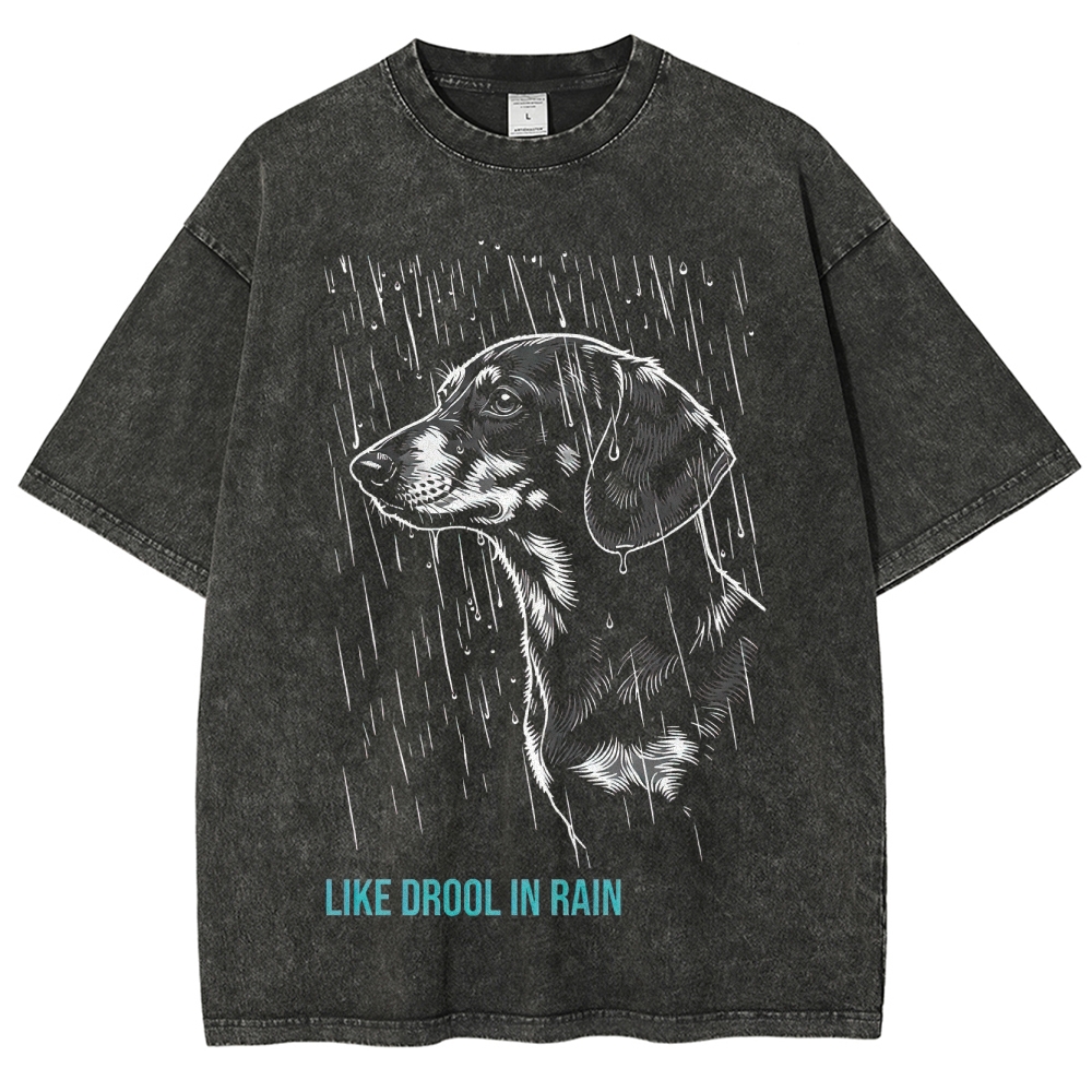 Retro "Like Drool in Rain" Dachshund Rainy Graphic Washed T-Shirt