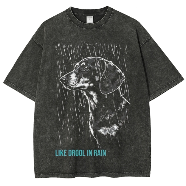 Retro "Like Drool in Rain" Dachshund Rainy Graphic Washed T-Shirt