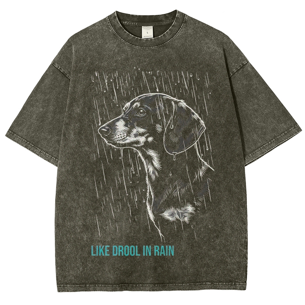 Retro "Like Drool in Rain" Dachshund Rainy Graphic Washed T-Shirt