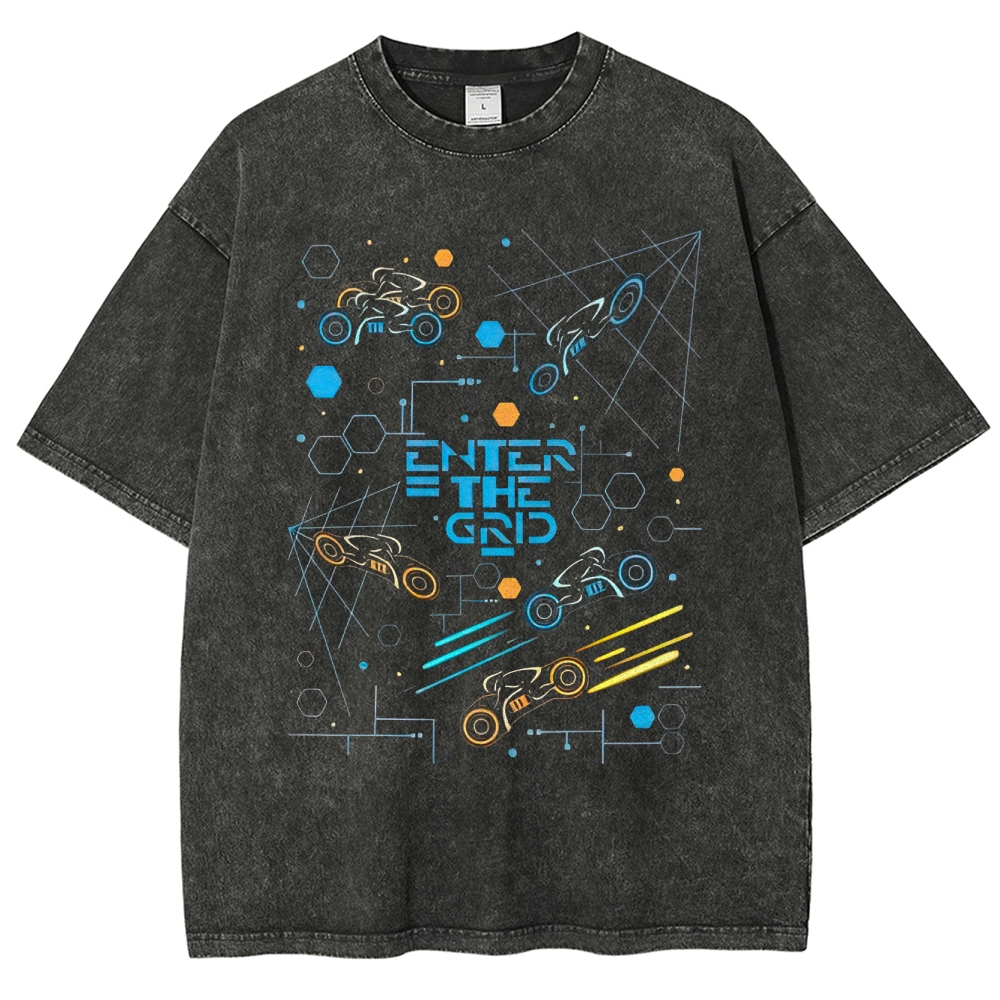 Retro "Enter the Grid" Futuristic Racer Graphic Washed T-Shirt
