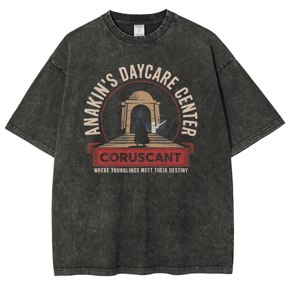 Retro "Anakin's Daycare Center Coruscant" Parodic Graphic Washed T-Shirt