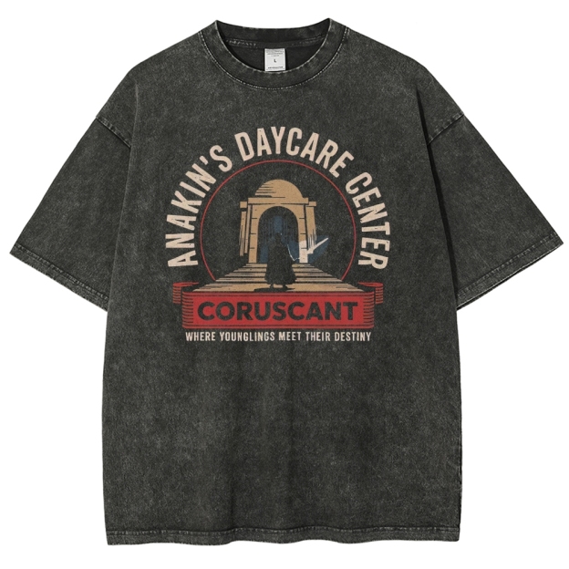 Retro "Anakin's Daycare Center Coruscant" Parodic Graphic Washed T-Shirt 