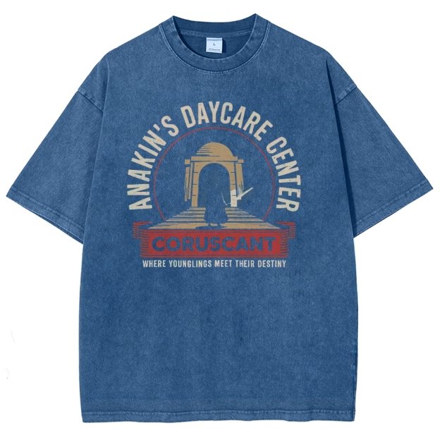 Retro "Anakin's Daycare Center Coruscant" Parodic Graphic Washed T-Shirt 