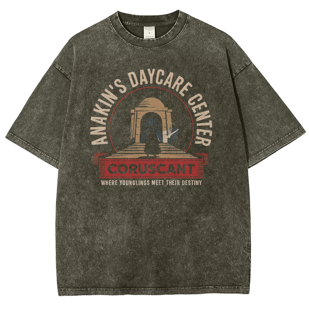 Retro "Anakin's Daycare Center Coruscant" Parodic Graphic Washed T-Shirt 
