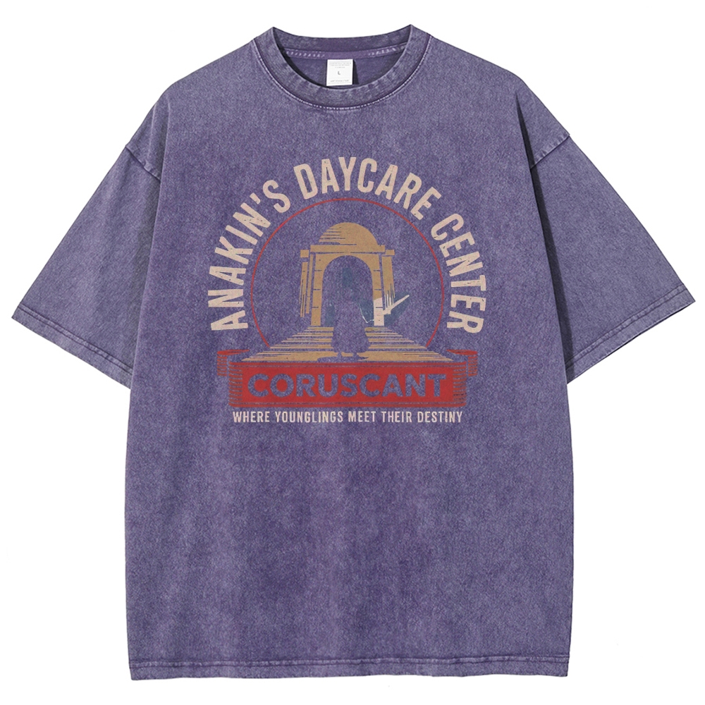 Retro "Anakin's Daycare Center Coruscant" Parodic Graphic Washed T-Shirt 