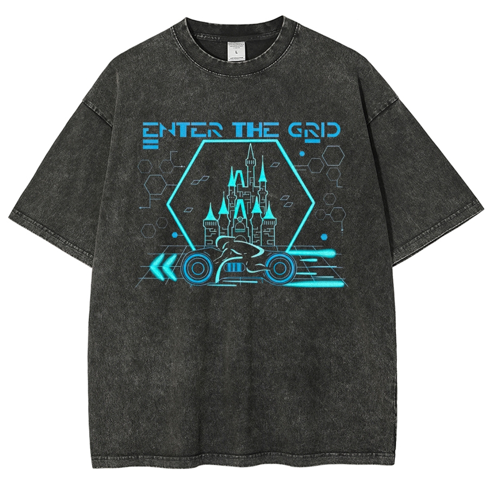 Retro "Enter the Grid" Futuristic Castle Racer Graphic Washed T-Shirt
