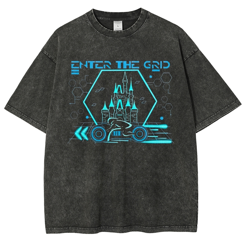 Retro "Enter the Grid" Futuristic Castle Racer Graphic Washed T-Shirt
