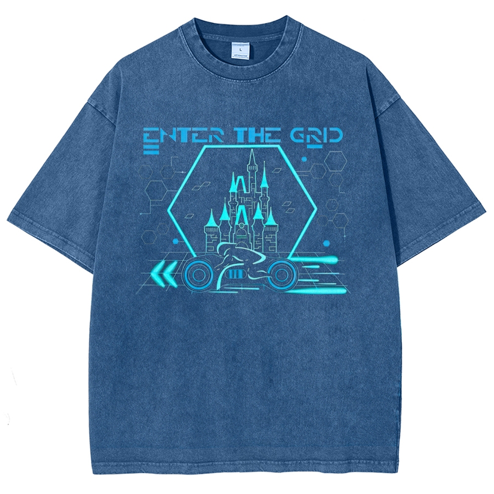 Retro "Enter the Grid" Futuristic Castle Racer Graphic Washed T-Shirt