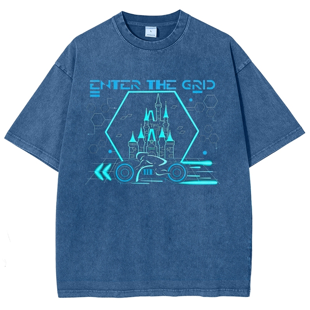 Retro "Enter the Grid" Futuristic Castle Racer Graphic Washed T-Shirt