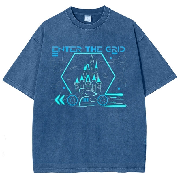 Retro "Enter the Grid" Futuristic Castle Racer Graphic Washed T-Shirt