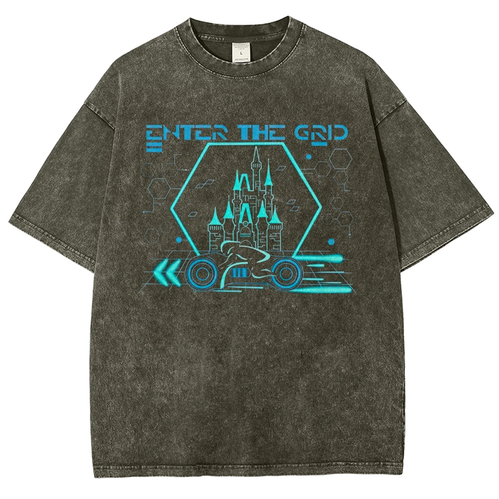 Retro "Enter the Grid" Futuristic Castle Racer Graphic Washed T-Shirt