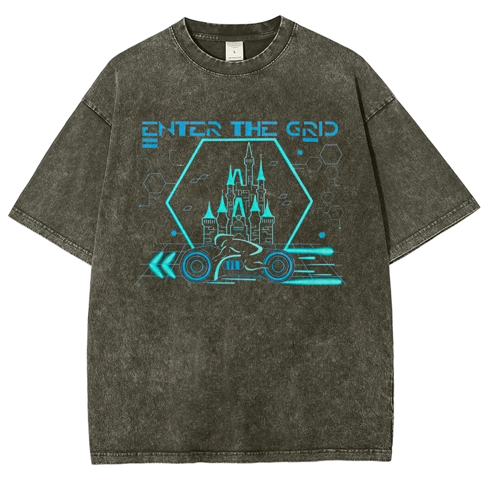 Retro "Enter the Grid" Futuristic Castle Racer Graphic Washed T-Shirt