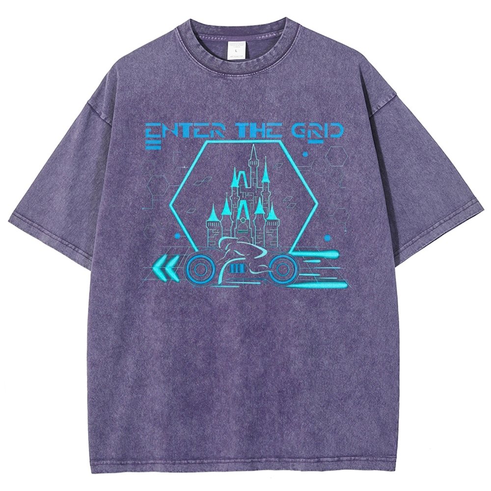 Retro "Enter the Grid" Futuristic Castle Racer Graphic Washed T-Shirt