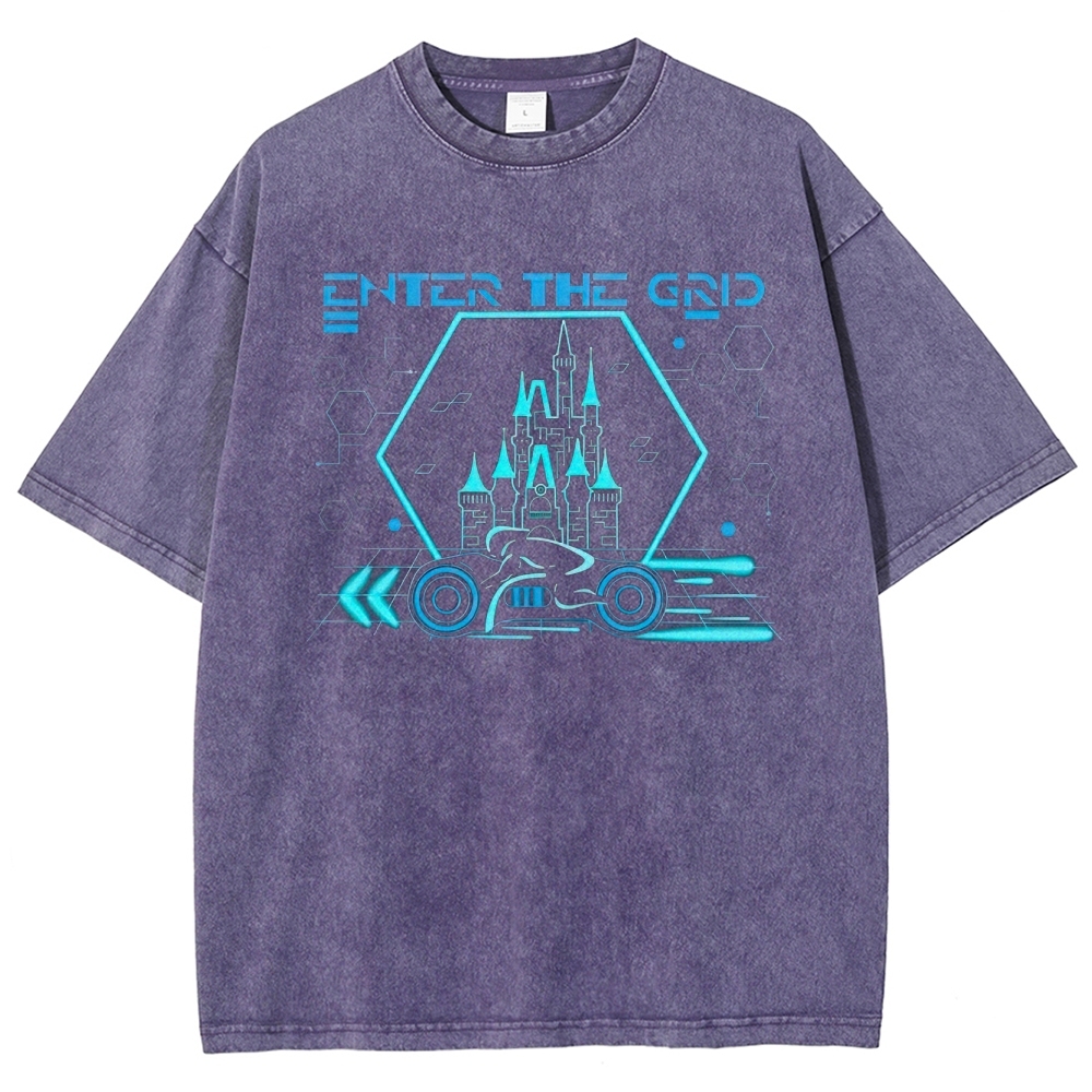 Retro "Enter the Grid" Futuristic Castle Racer Graphic Washed T-Shirt