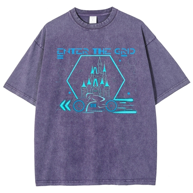 Retro "Enter the Grid" Futuristic Castle Racer Graphic Washed T-Shirt