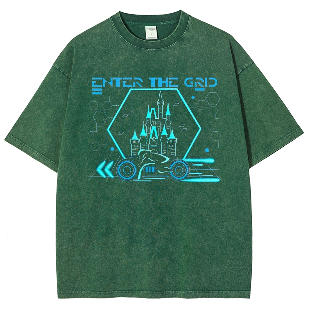 Retro "Enter the Grid" Futuristic Castle Racer Graphic Washed T-Shirt