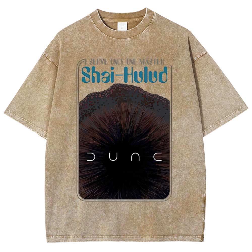 Retro "I Serve Only One Master Shai-Hulud" Desert Creature Graphic Washed T-Shirt