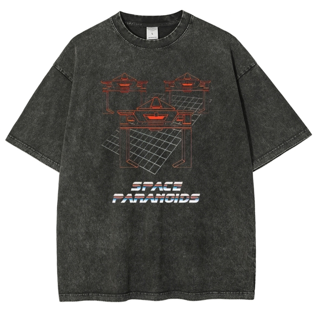 Retro "Space Paranoids" Futuristic Grid Graphic Washed T-Shirt 