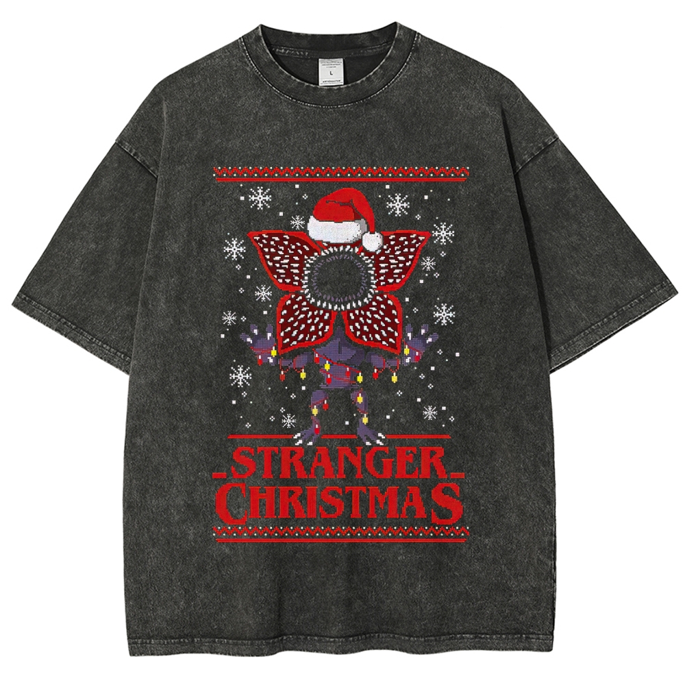 Retro "Stranger Christmas" Ugly Sweater-Style Graphic Washed T-Shirt