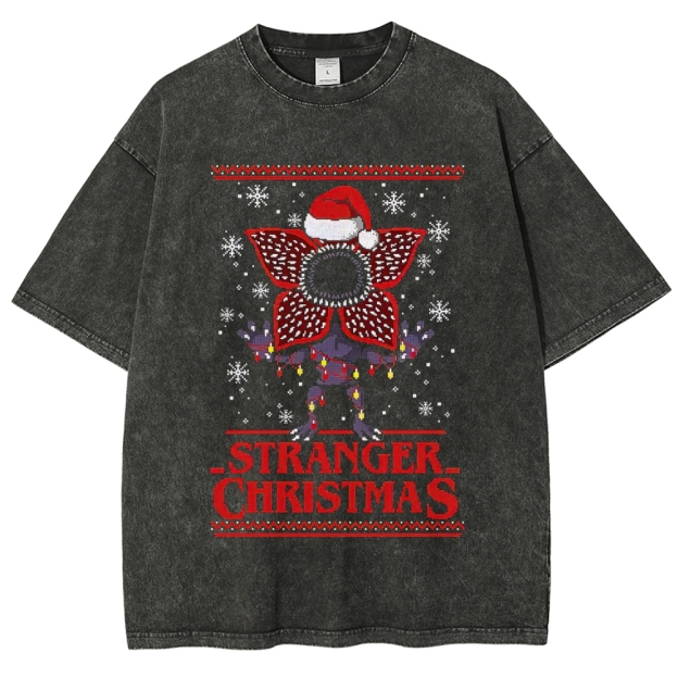 Retro "Stranger Christmas" Ugly Sweater-Style Graphic Washed T-Shirt