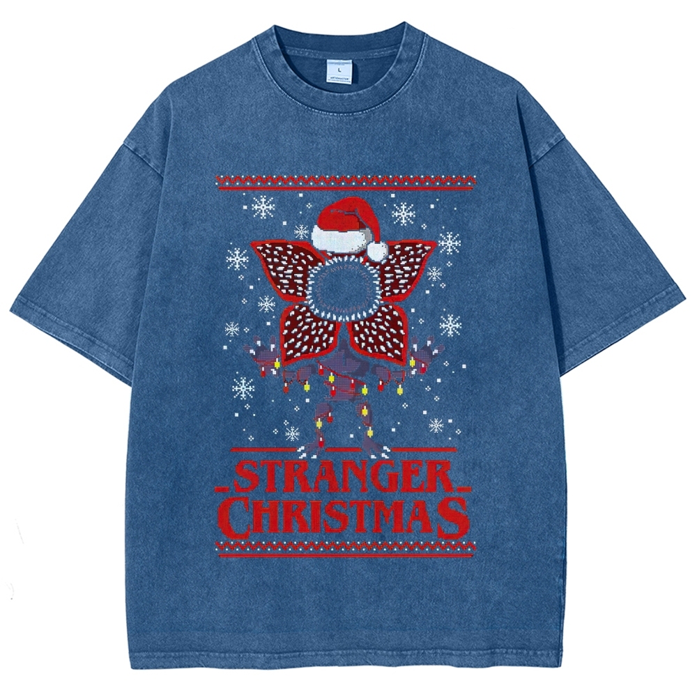 Retro "Stranger Christmas" Ugly Sweater-Style Graphic Washed T-Shirt