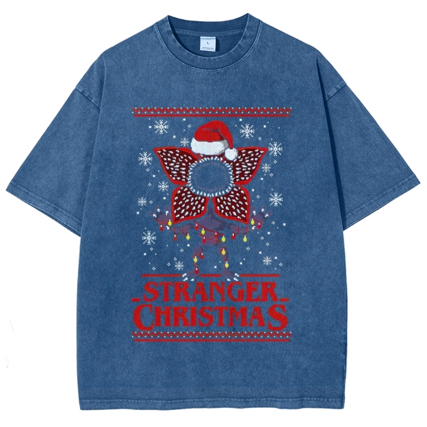 Retro "Stranger Christmas" Ugly Sweater-Style Graphic Washed T-Shirt