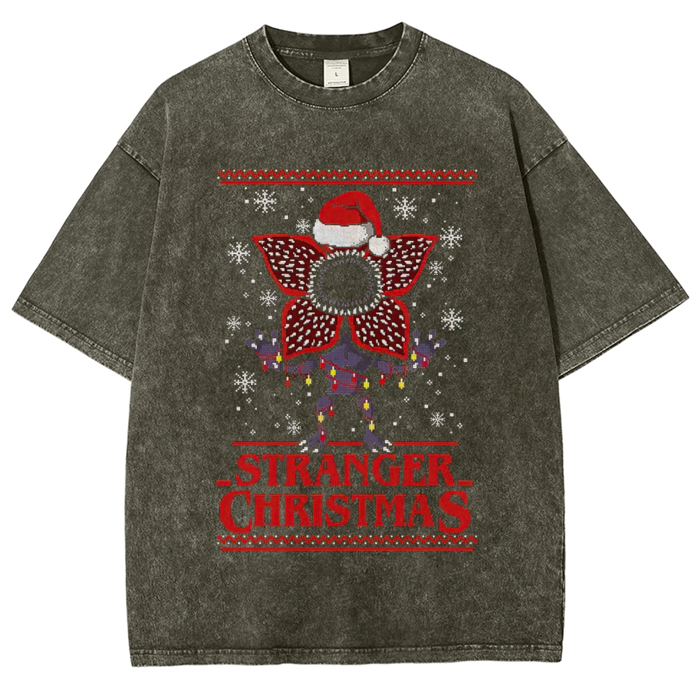 Retro "Stranger Christmas" Ugly Sweater-Style Graphic Washed T-Shirt