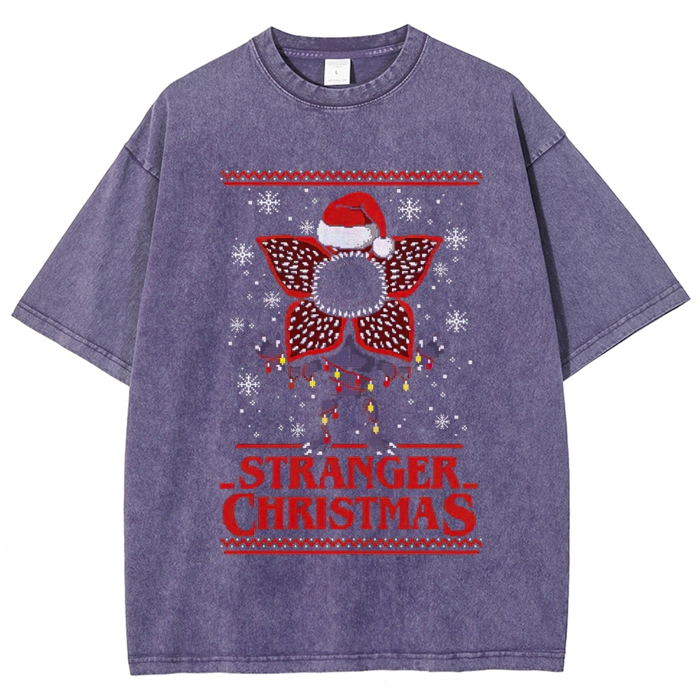 Retro "Stranger Christmas" Ugly Sweater-Style Graphic Washed T-Shirt