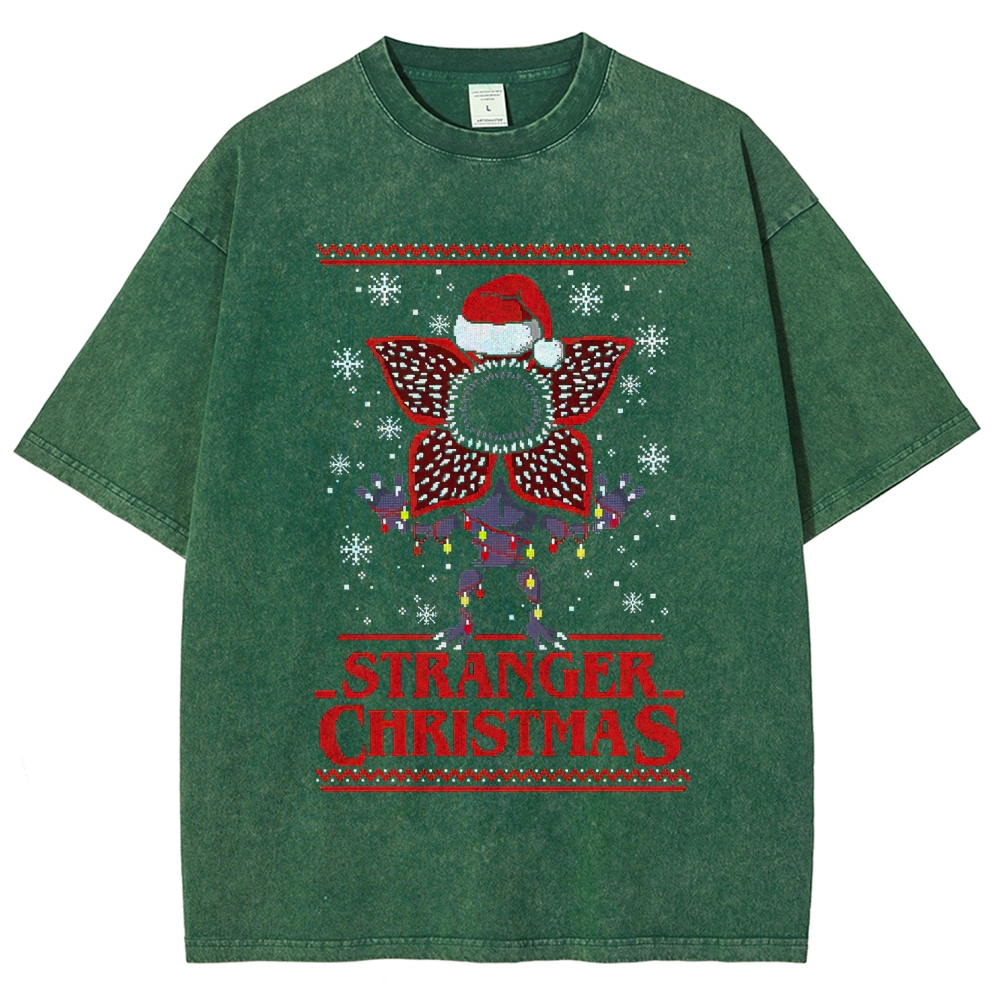 Retro "Stranger Christmas" Ugly Sweater-Style Graphic Washed T-Shirt