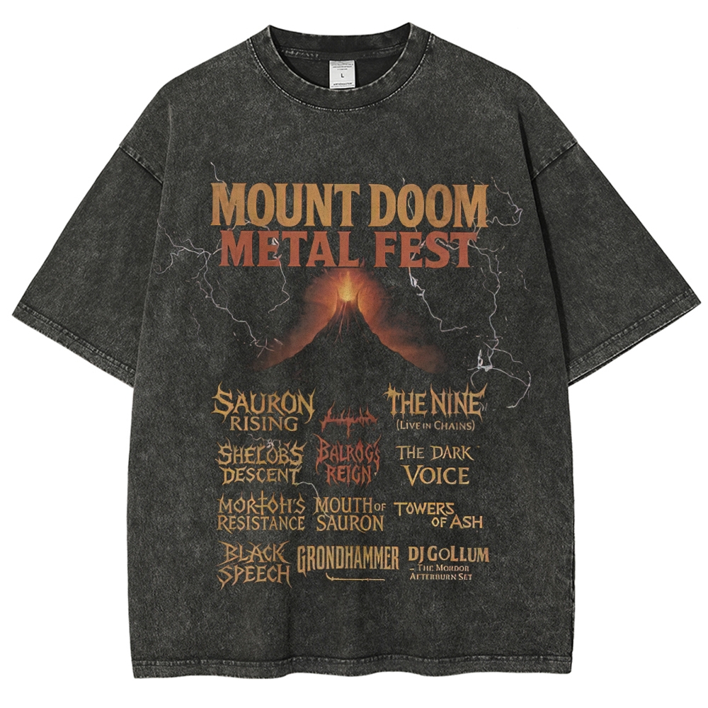 Retro "Mount Doom Metal Fest" Dark Fantasy Lineup Graphic Washed T-Shirt