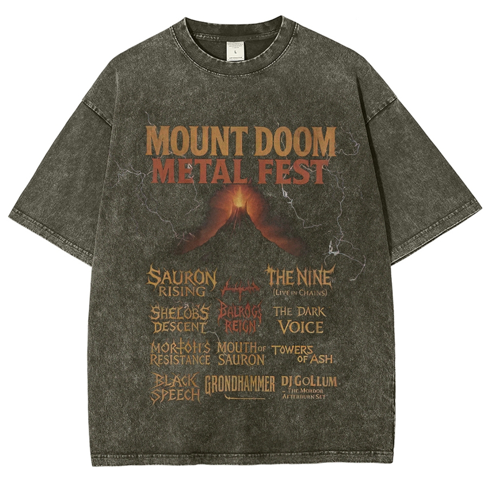 Retro "Mount Doom Metal Fest" Dark Fantasy Lineup Graphic Washed T-Shirt