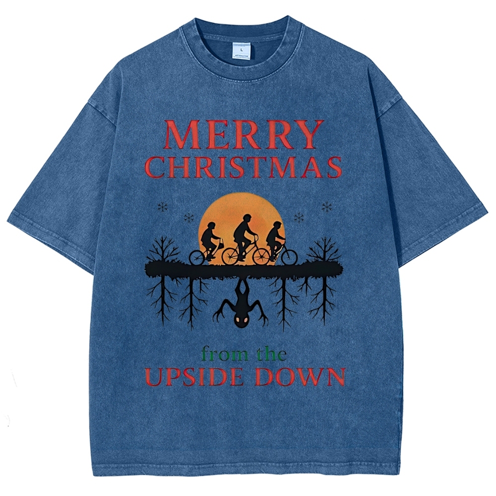 Retro "Merry Christmas From the Upside Down" Holiday-Fantasy Graphic Washed T-Shirt