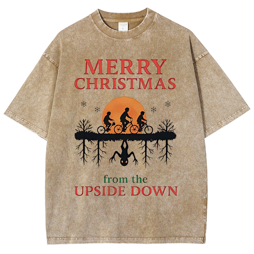 Retro "Merry Christmas From the Upside Down" Holiday-Fantasy Graphic Washed T-Shirt