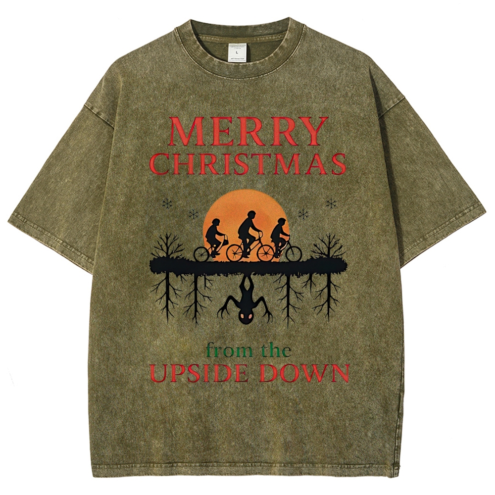 Retro "Merry Christmas From the Upside Down" Holiday-Fantasy Graphic Washed T-Shirt