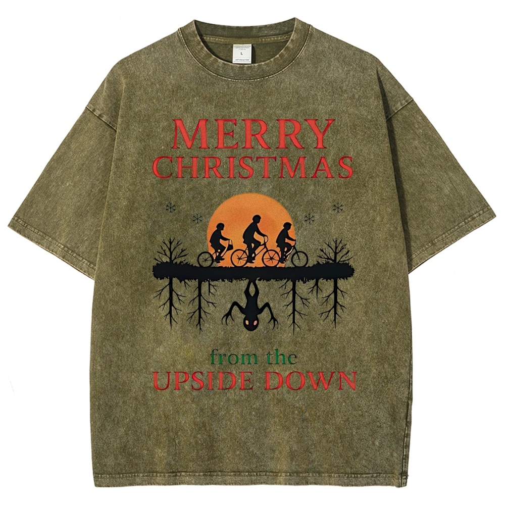 Retro "Merry Christmas From the Upside Down" Holiday-Fantasy Graphic Washed T-Shirt