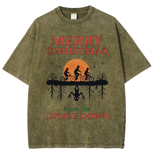 Retro "Merry Christmas From the Upside Down" Holiday-Fantasy Graphic Washed T-Shirt