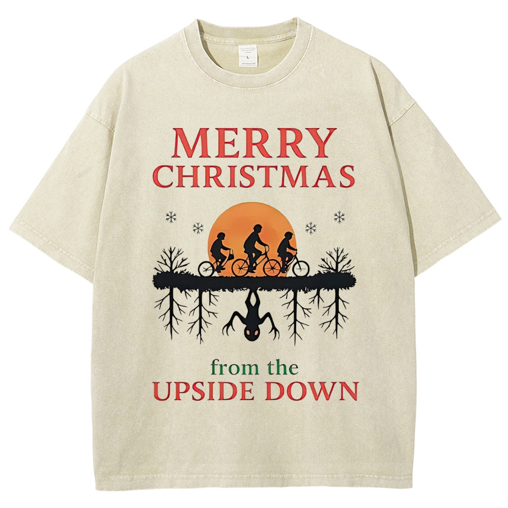 Retro "Merry Christmas From the Upside Down" Holiday-Fantasy Graphic Washed T-Shirt