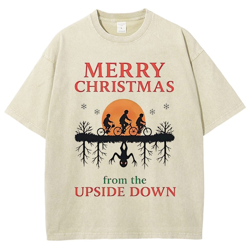 Retro "Merry Christmas From the Upside Down" Holiday-Fantasy Graphic Washed T-Shirt
