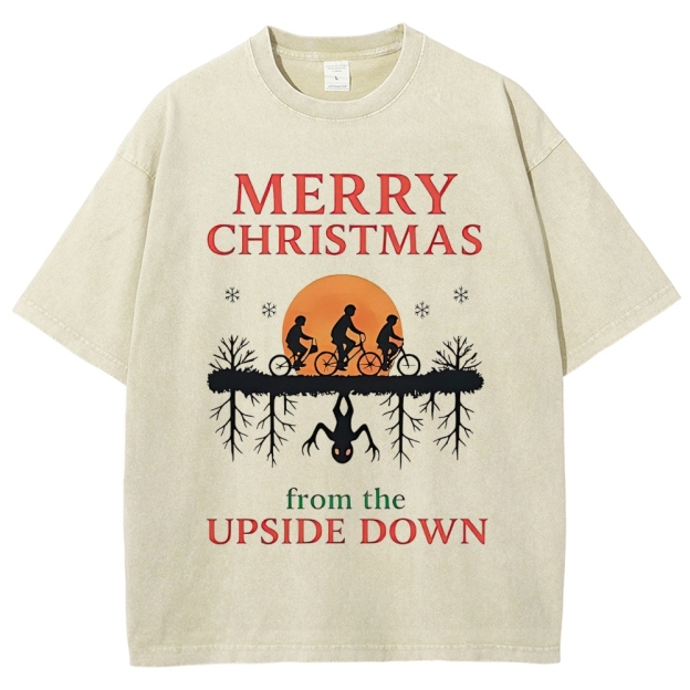Retro "Merry Christmas From the Upside Down" Holiday-Fantasy Graphic Washed T-Shirt