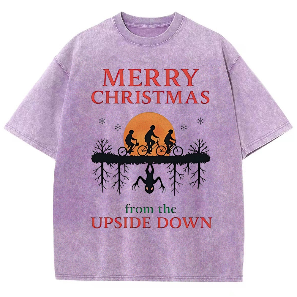 Retro "Merry Christmas From the Upside Down" Holiday-Fantasy Graphic Washed T-Shirt
