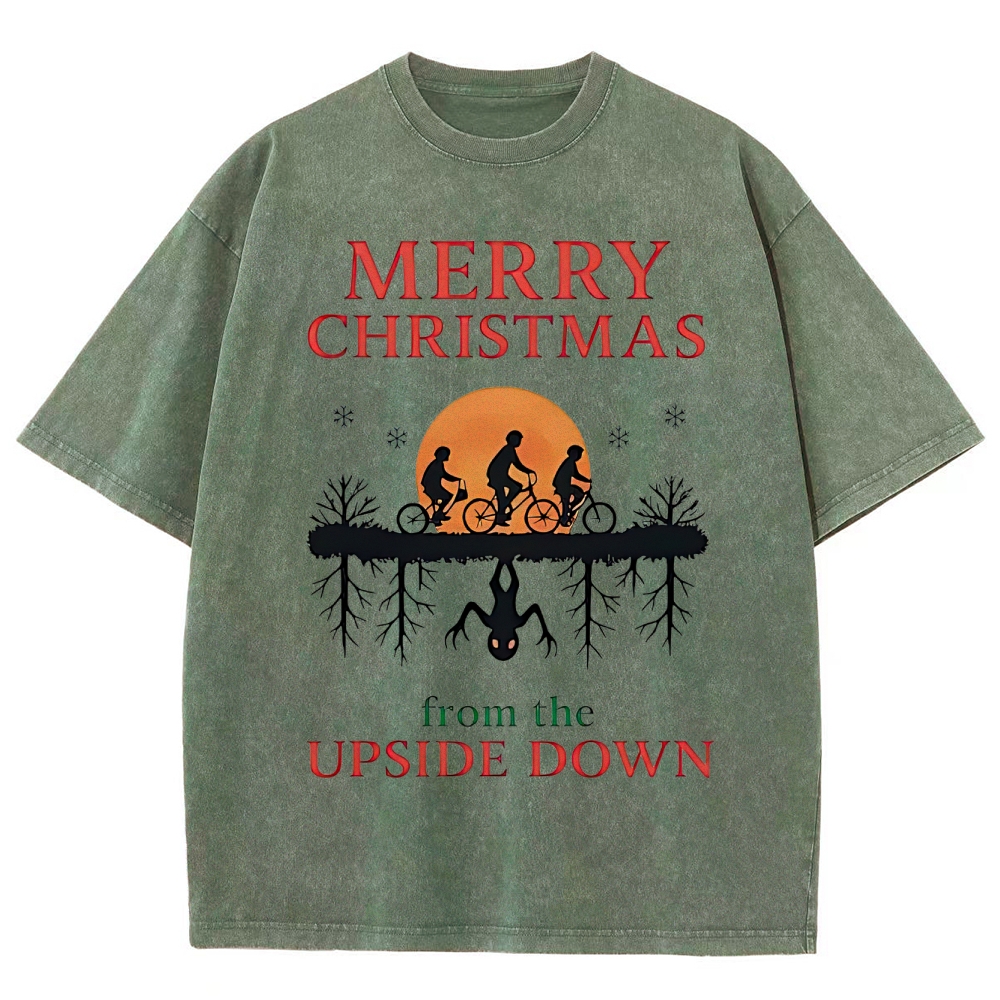 Retro "Merry Christmas From the Upside Down" Holiday-Fantasy Graphic Washed T-Shirt