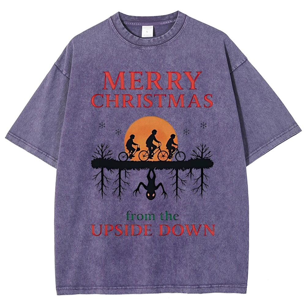 Retro "Merry Christmas From the Upside Down" Holiday-Fantasy Graphic Washed T-Shirt